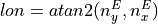 lon = atan2(n_{y}^{E}, n_{x}^{E})